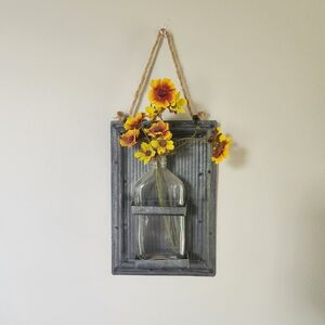 Farmhouse Metal & Glass Hanging Vase w/ Artificial Flowers